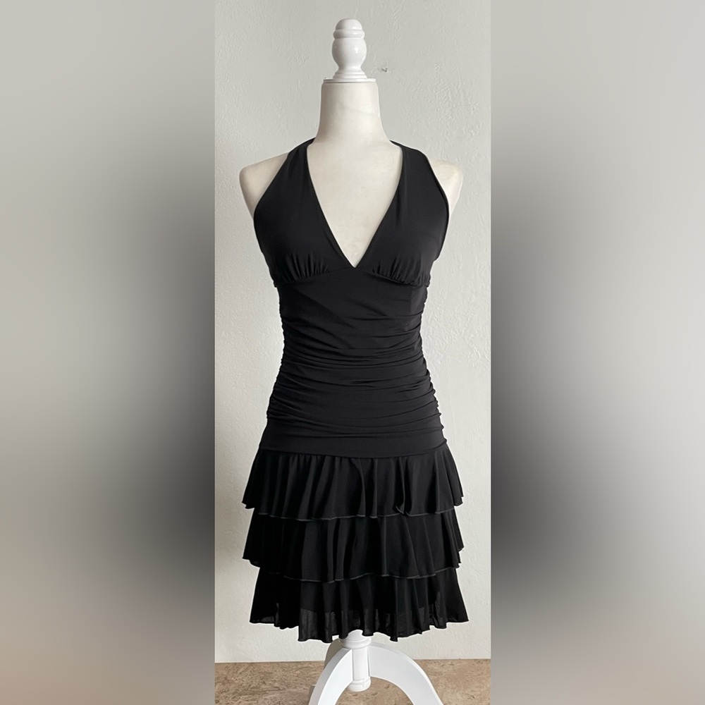 BEBE Made in USA Ruched Halter Mini Dress